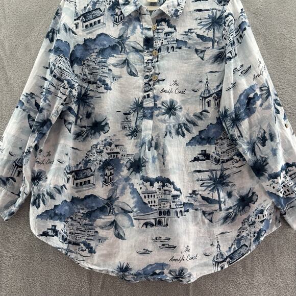 Cynthia Rowley Top Women 1X Blue Linen Floral Popover 1/4 Button Roll Tab Sleeve - Picture 4 of 13